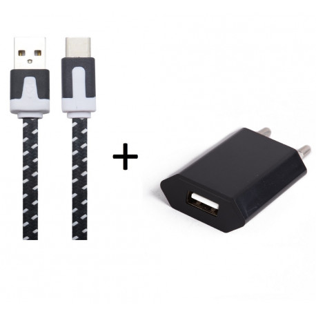 Pack Chargeur pour Smartphone Type C (Cable Noodle 1m Chargeur + Prise Secteur) Murale Android
