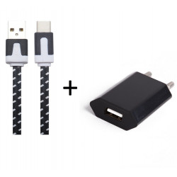 Pack Chargeur pour Smartphone Type C (Cable Noodle 1m Chargeur + Prise Secteur) Murale Android