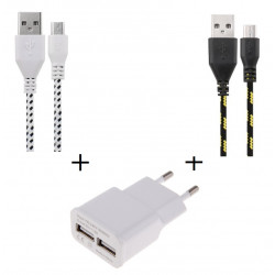 Pack Chargeur pour Smartphone Micro-USB (2 Cables Tresse 1m Chargeur + Prise Secteur Double USB) Murale Android Universel