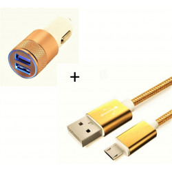 Pack Chargeur Voiture pour Smartphone Micro-USB (Cable Metal Nylon + Double Adaptateur Prise Allume) Android Connecteur