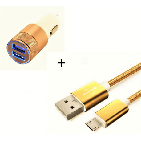 Pack Chargeur Voiture pour Smartphone Micro-USB (Cable Metal Nylon + Double Adaptateur Prise Allume) Android Connecteur
