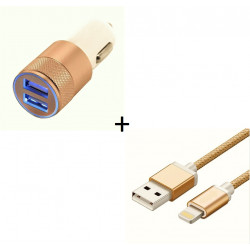 Pack Chargeur Voiture pour IPHONE Lightning (Cable Metal Nylon + Double Adaptateur Prise Allume) APPLE Connecteur