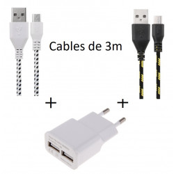 Pack Chargeur pour Smartphone Android Micro-USB (2 Cables Tresse 3m Chargeur + Prise Secteur Double USB) Murale