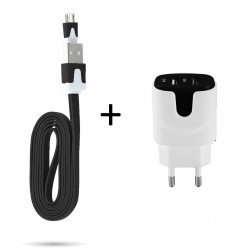 Pack Chargeur pour Smartphone Micro-Usb (Cable Noodle 1m Chargeur + Double Prise Secteur Couleur USB) Android Connecteur