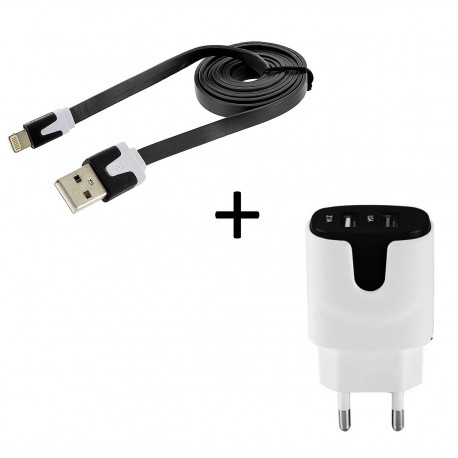 Pack Chargeur pour IPHONE Lightning (Cable Noodle 1m Chargeur + Double Prise Secteur Couleur USB) APPLE Connecteur