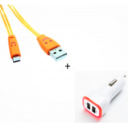 Pack Chargeur Voiture pour Smartphone Micro-USB (Cable Smiley + Double Adaptateur LED Prise Allume Cigare) Android Connecteur