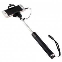 Selfie Stick Metal pour Smartphone Perche Android IOS Réglable Bouton Photo Cable Jack Noir