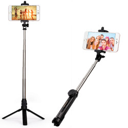 Selfie Stick avec Trepied pour Smartphone Perche Android IOS Réglable Sans Fil Bluetooth Bouton Photo Noir