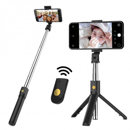 Selfie Stick Metal avec Trepied pour Smartphone Perche Android IOS Telecommande Sans Fil Bluetooth Photo (NOIR)