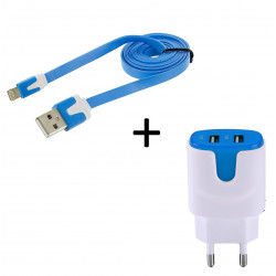 Pack Chargeur pour IPHONE Lightning (Cable Noodle 1m Chargeur + Double Prise Secteur Couleur USB) APPLE Connecteur