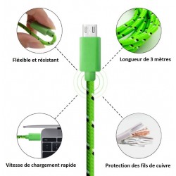 Cable Tressé 3m Universel Chargeur Connecteur Micro USB Tissu Tissé Lacet Fil Nylon