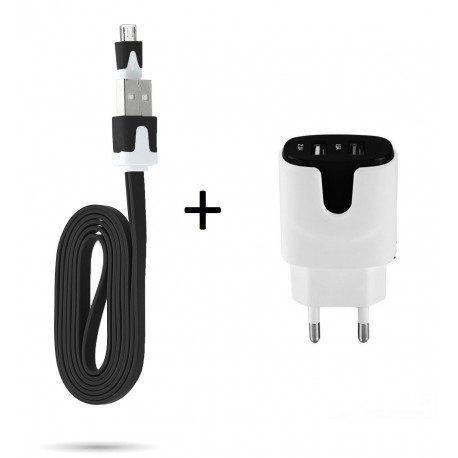 Pack Chargeur pour Smartphone Micro-Usb (Cable Noodle 1m Chargeur + Double Prise Secteur Couleur USB) Android Connecteur