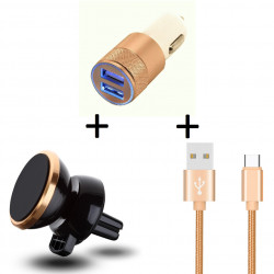 Pack Voiture pour Smartphone (Cable Chargeur Type-C + Double Adaptateur Allume Cigare + Support Voiture Magnetique) Android