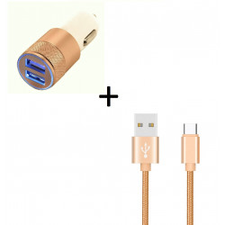 Pack Voiture pour Smartphone (Cable Chargeur Type-C + Double Adaptateur Allume Cigare) Android
