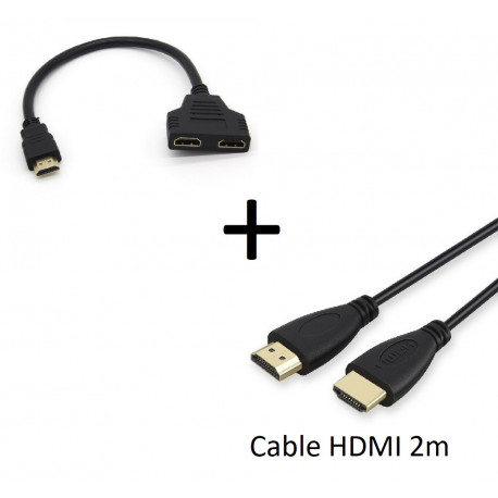 Pack HDMI pour TV et PC (Cable HDMI 2m + Adaptateur Double HDMI) Gold 3D FULL HD 4K (NOIR)