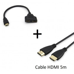 Pack HDMI pour TV et PC (Cable HDMI 5m + Adaptateur Double HDMI) Gold 3D FULL HD 4K (NOIR)