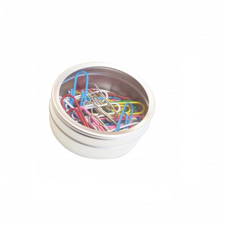 Boite Ronde de Rangement avec Couvercle Transparent pour Trombones Metal Aluminium Accessoires Bureau