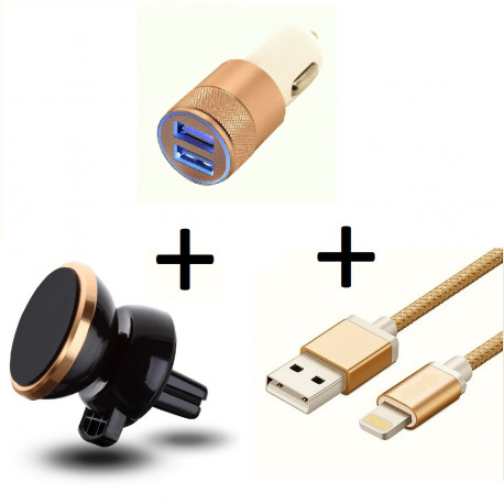 Pack Voiture pour IPHONE  (Cable Chargeur Lightning+ Double Adaptateur Allume Cigare + Support Voiture Magnetique) APPLE