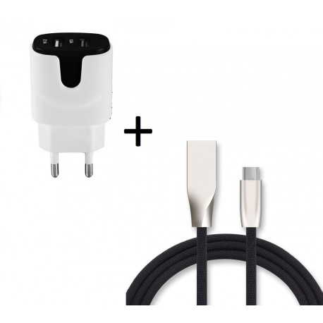 Pack Chargeur pour Smartphone Type C (Cable Fast Charge + Double Prise Secteur Couleur USB) Android