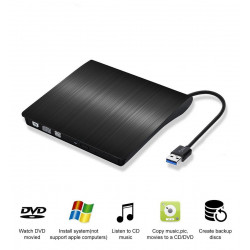 Lecteur/Graveur CD-DVD-RW USB 3.0 pour PC Branchement Portable Externe (NOIR)