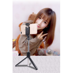 Selfie Stick Metal avec Trepied pour Smartphone Perche Android IOS Telecommande Sans Fil Bluetooth Photo (NOIR)