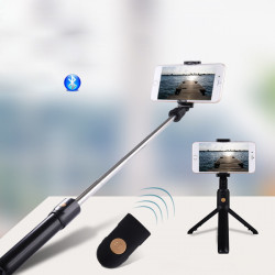 Selfie Stick Metal avec Trepied pour Smartphone Perche Android IOS Telecommande Sans Fil Bluetooth Photo (NOIR)
