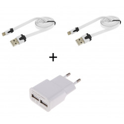 Pack Chargeur pour IPHONE Lightning (2 Cables Chargeur Noodle + Double Prise Secteur USB) APPLE IOS (BLANC)