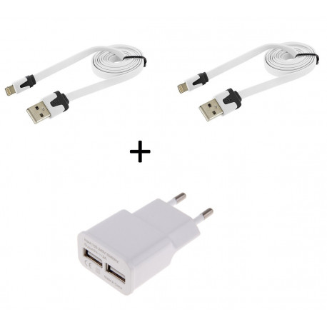 Pack Chargeur pour IPHONE Lightning (2 Cables Chargeur Noodle + Double Prise Secteur USB) APPLE IOS (BLANC)