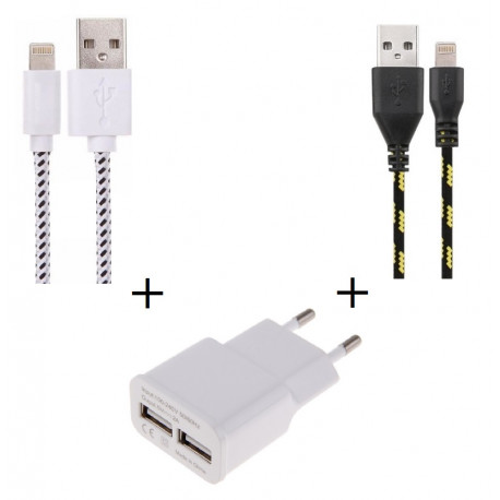 Pack Chargeur pour IPHONE Lightning (2 Cables Tresse 1m Chargeur + Prise Secteur Double USB) Murale Android Universel
