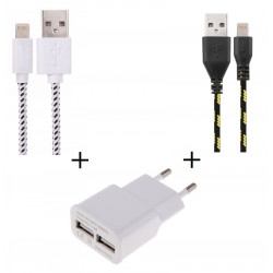 Pack Chargeur pour IPHONE Lightning (2 Cables Tresse 1m Chargeur + Prise Secteur Double USB) Murale Android Universel