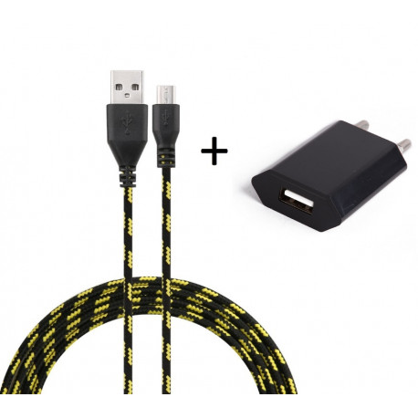 Pack Chargeur pour Smartphone Micro-USB (Cable Tresse 3m Chargeur + Prise Secteur USB) Murale Android Universel