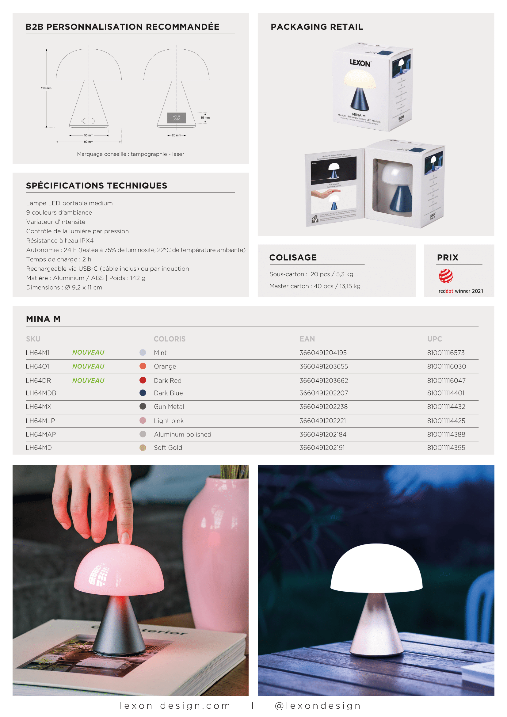 Lampe LED Portable Lexon Mina L - Rouge Foncé - Neuve Sous Blister